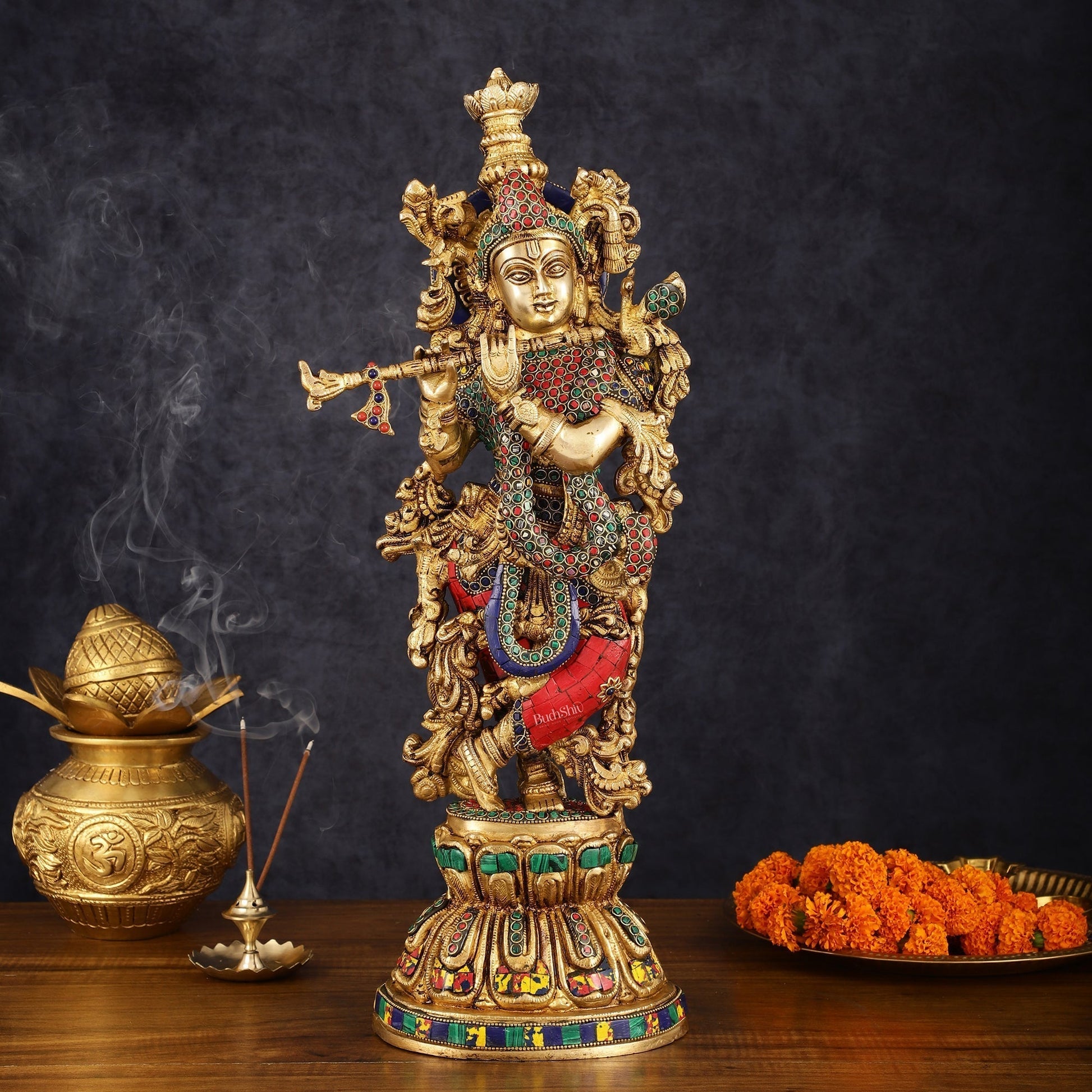 Exquisite Pure Brass Handcrafted Krishna Statue with Stonework, 21" Height - Sama Homes Idol - Brass Sculpture - Eco-friendly - Sama Homes