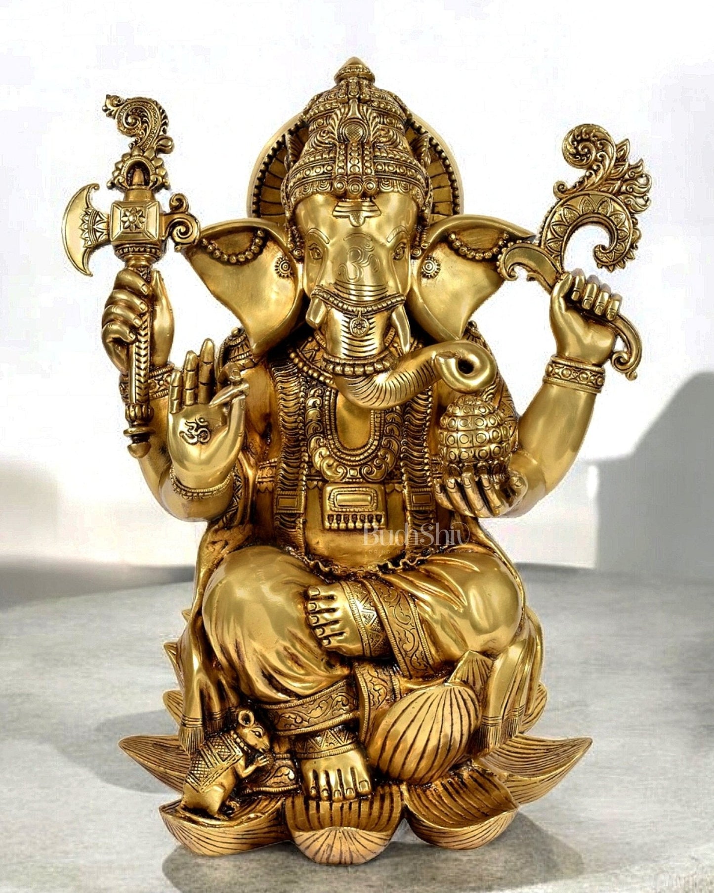 Exquisite Pure Brass Lord Ganesha Statue - Seated on Lotus, 22" Height - Sama Homes Idol - Brass Sculpture