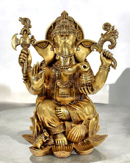 Exquisite Pure Brass Lord Ganesha Statue - Seated on Lotus, 22" Height - Sama Homes Idol - Brass Sculpture