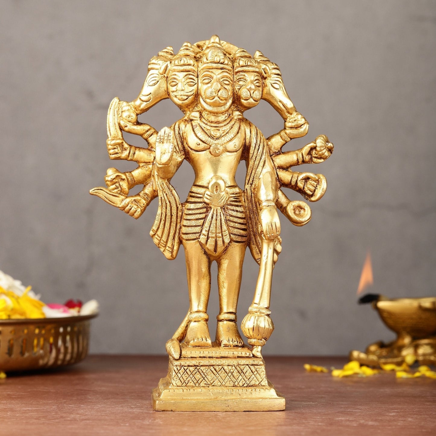 Exquisite Pure Brass Standing Panchmukhi Hanuman Idol - 7" - Sama Homes Idol - Brass Sculpture