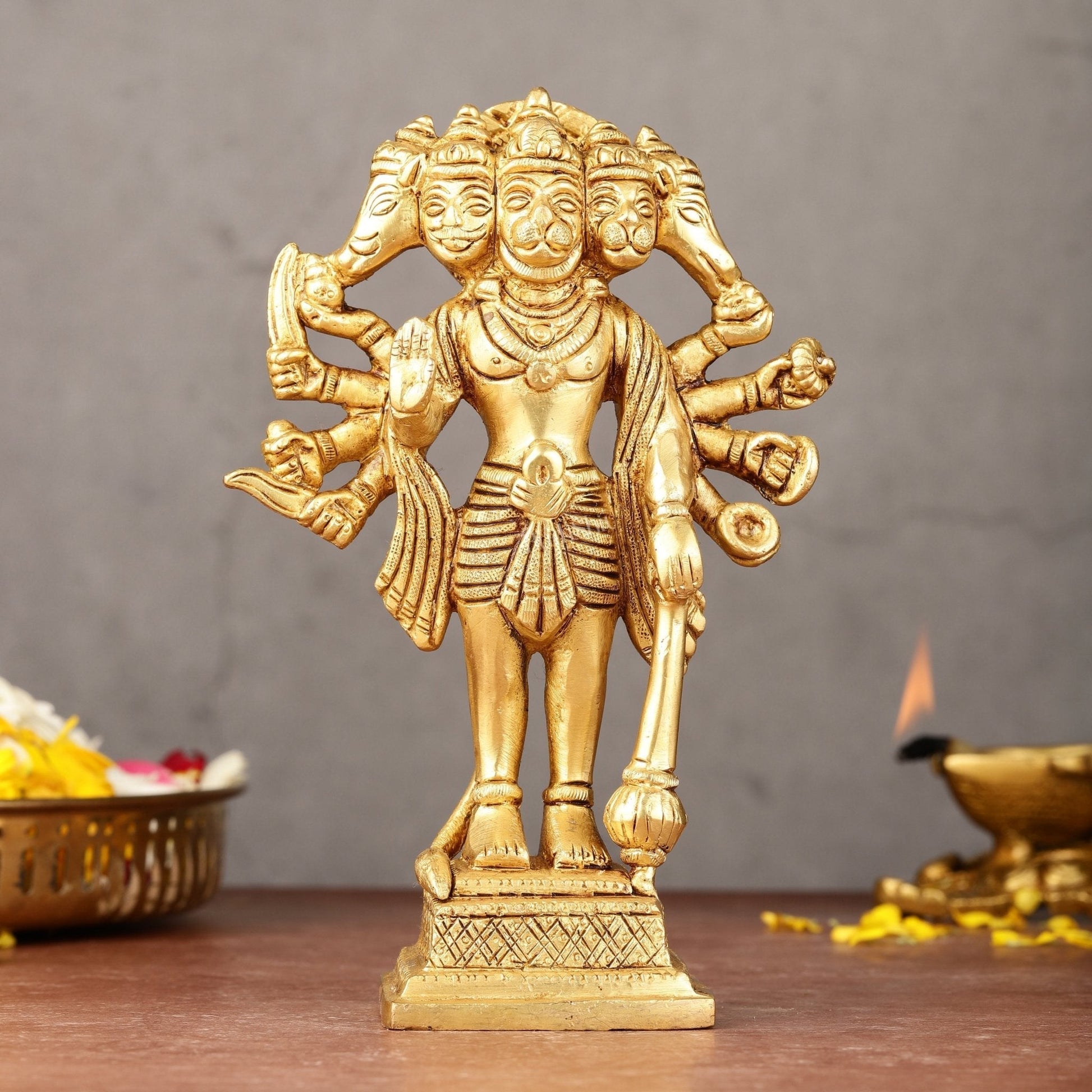 Exquisite Pure Brass Standing Panchmukhi Hanuman Idol - 7" - Sama Homes Idol - Brass Sculpture - Eco-friendly - Sama Homes