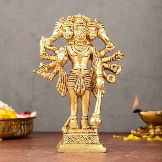 Exquisite Pure Brass Standing Panchmukhi Hanuman Idol - 7" - Sama Homes Idol - Brass Sculpture