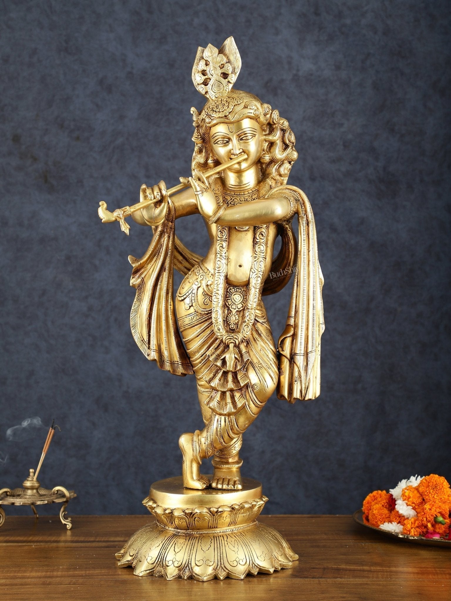 Exquisite Pure Brass Superfine Krishna Statue – 27" Height - Sama Homes Idol - Brass Sculpture - Eco-friendly - Sama Homes