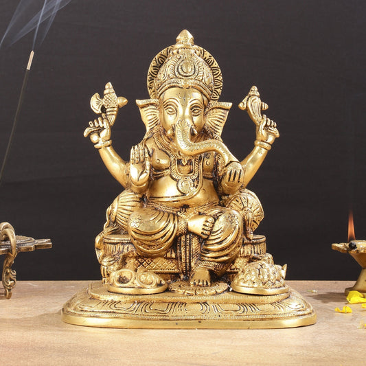 Exquisite Pure Brass Superfine Lord Ganesha Idol - 9" - Sama Homes Idol - Brass Sculpture