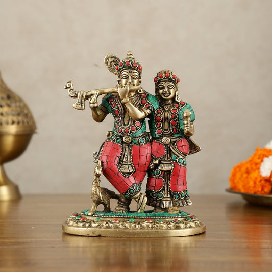 Exquisite Pure Brass Superfine Radha Krishna Idol – 7 inch stonework - Sama Homes Idol - Brass Sculpture