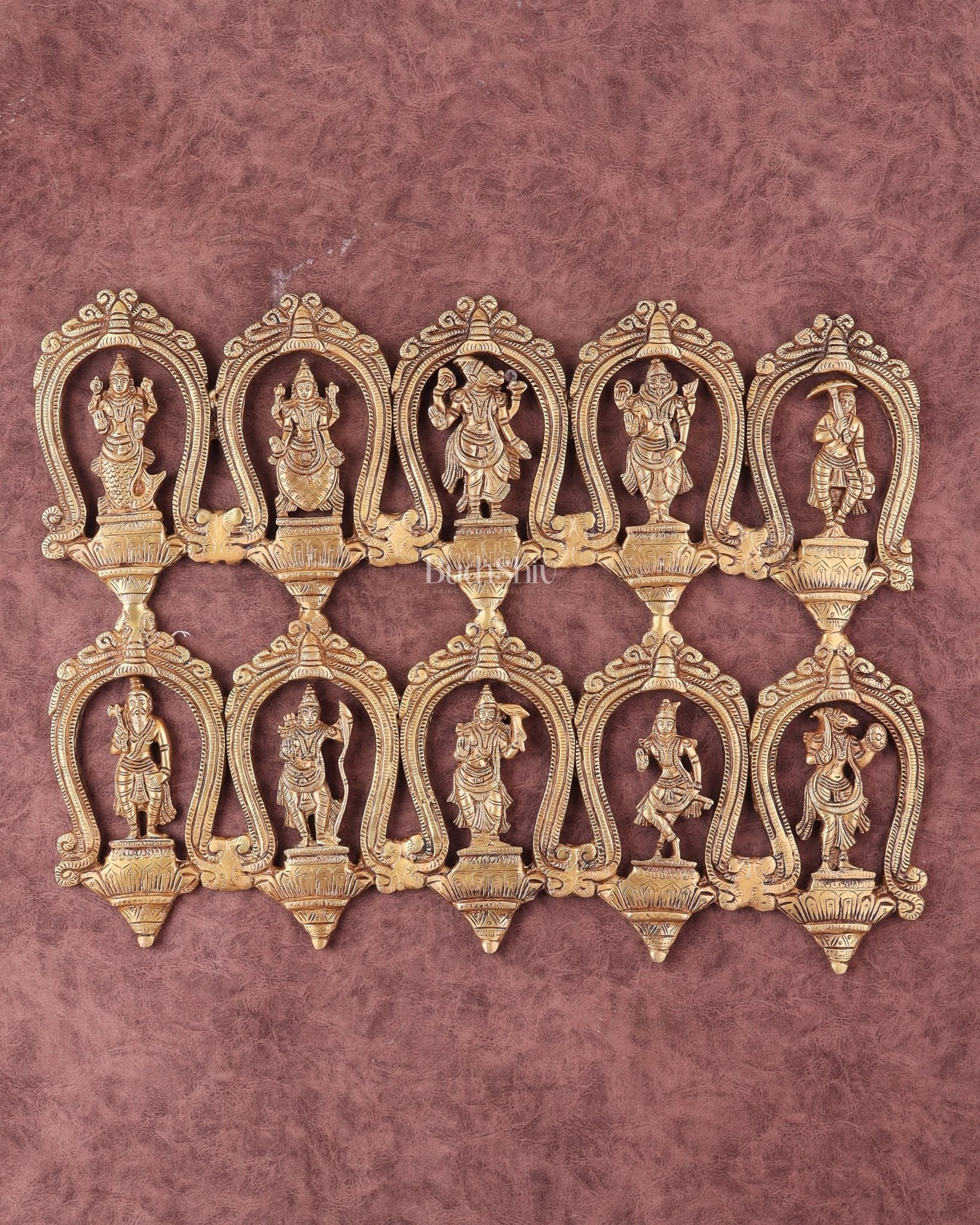 Exquisite Pure Brass Vishnu Dashavatar Wall Hanging 18" - Sama Homes Idol - Brass Sculpture - Eco-friendly - Sama Homes