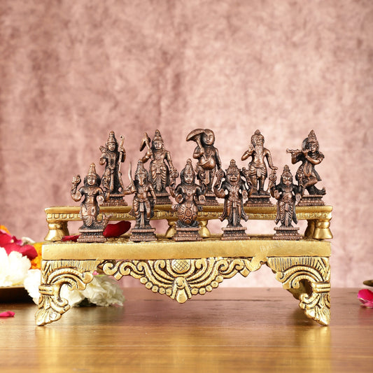 Exquisite Pure Copper Dashavatar Miniature Set 2.5" - Lord Vishnu's Divine Incarnations - Sama Homes Idol - Brass Sculpture