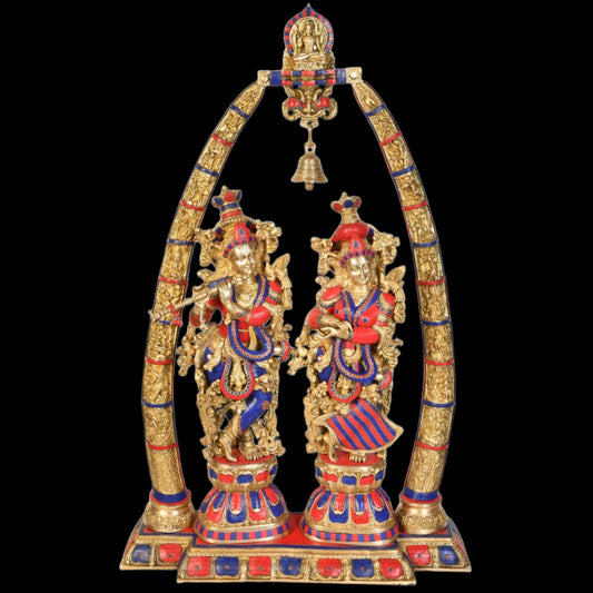 Sama Homes-pure brass radha krishna idols with a temple arch engraved krishna story 46