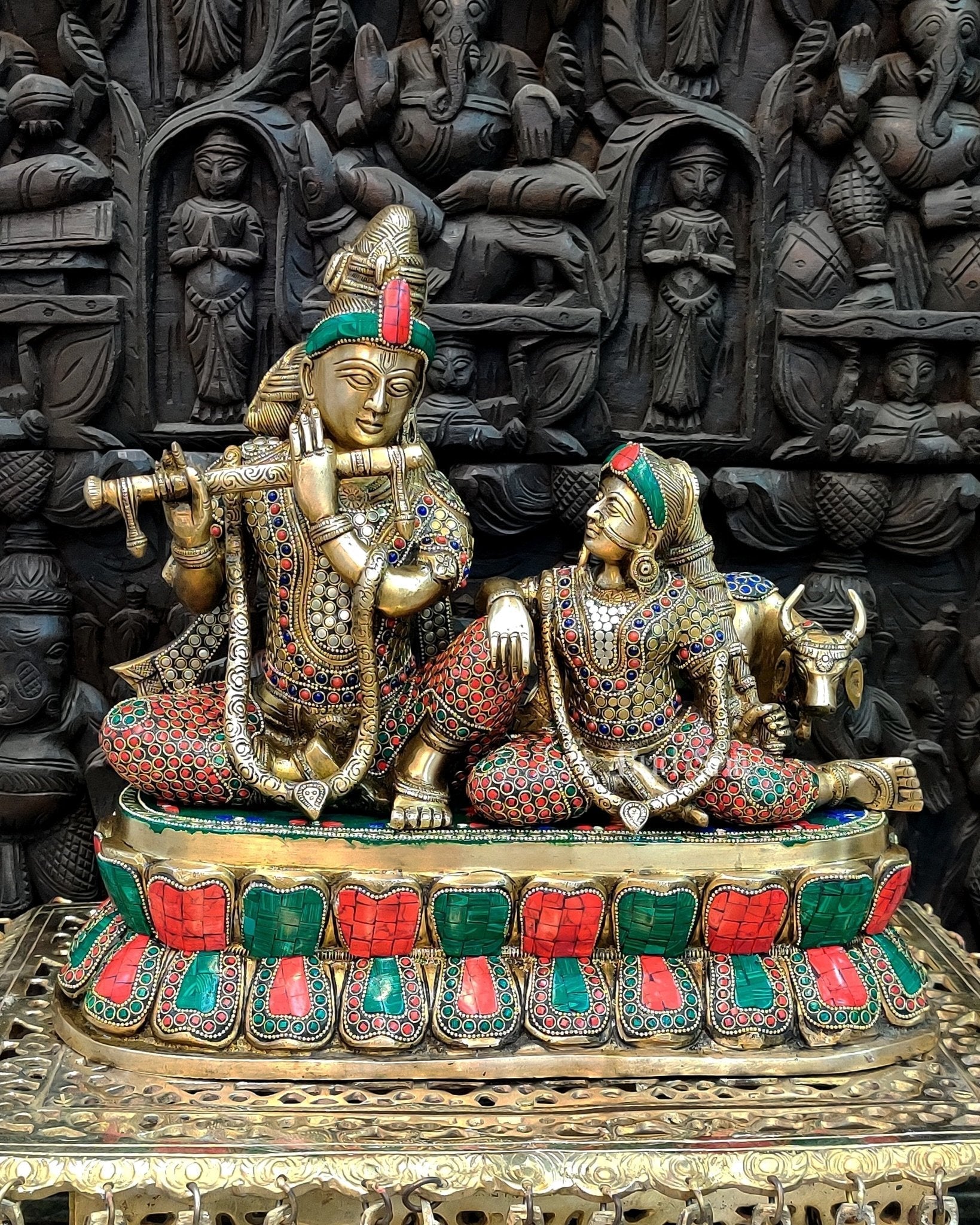 Exquisite Superfine Brass Radha Krishna Statue with Cow - 14" Handcrafted - Sama Homes Idol - Brass Sculpture - Eco-friendly - Sama Homes