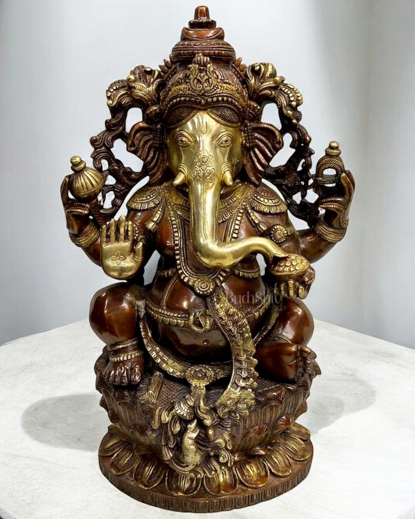 Ganapathi Handcrafted Superfine Brass Statue - 24" Dual-Tone Brown Gold Vintage - Sama Homes Idol - Brass Sculpture