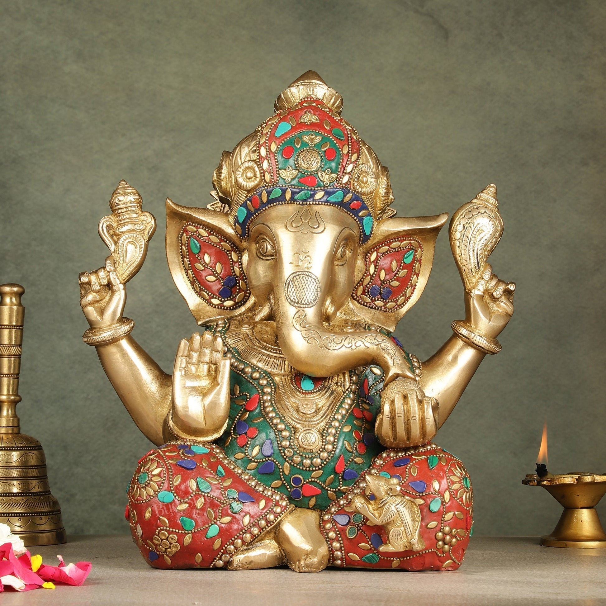 Ganapati Brass Idol 12.5 inch with stonework - Sama Homes Idol - Brass Sculpture - Eco-friendly - Sama Homes
