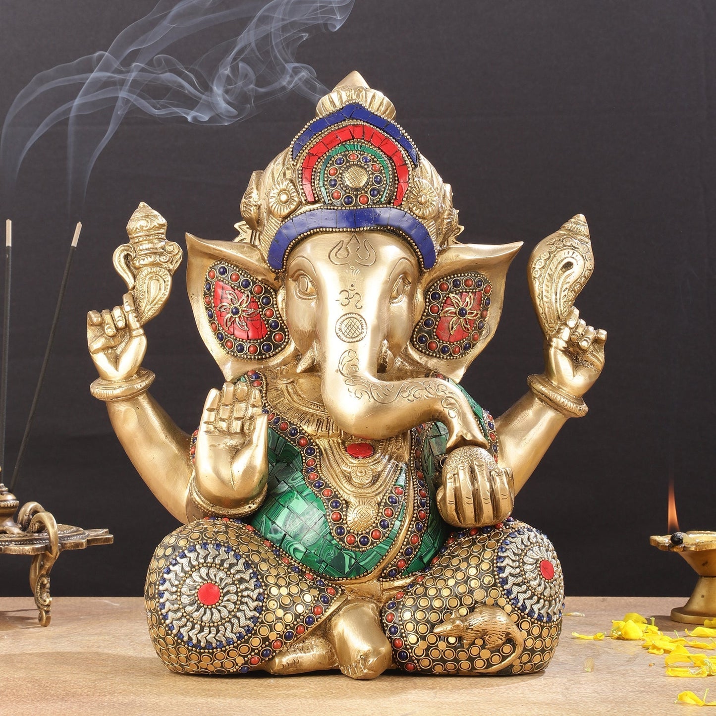 Ganapati Brass Idol with Intricate Stonework 12" - Sama Homes Idol - Brass Sculpture