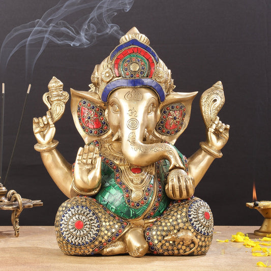 Ganapati Brass Idol with Intricate Stonework 12" - Sama Homes Idol - Brass Sculpture