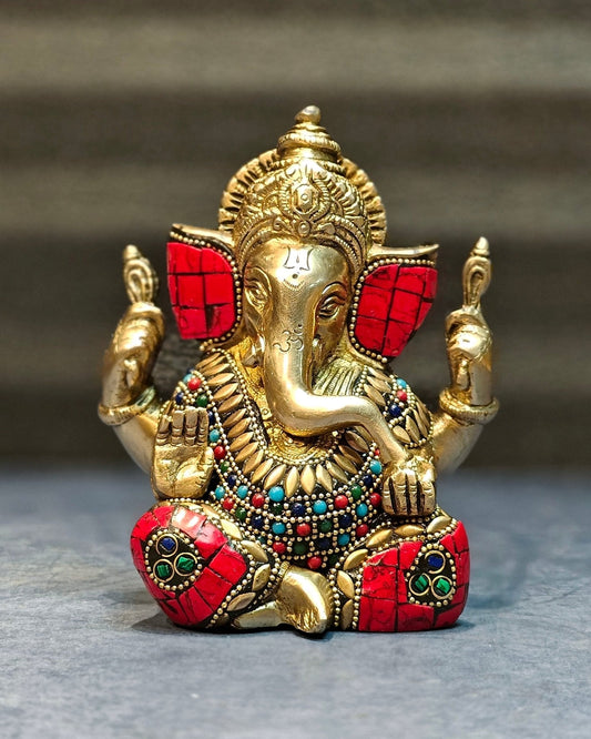 Ganapati brass idol with meenakari stonework 6" - Sama Homes Idol - Brass Sculpture