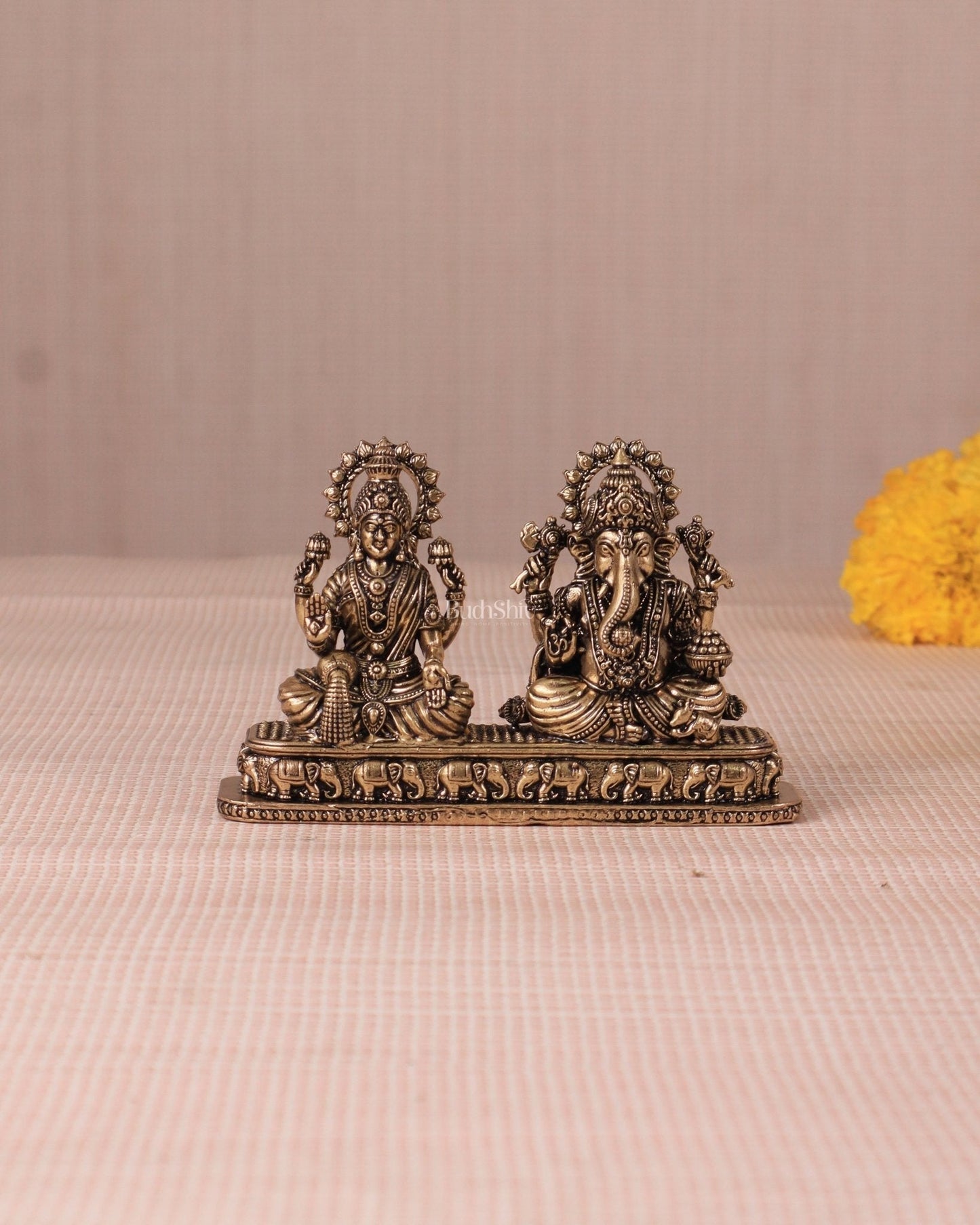 Ganesh Lakshmi Brass Idol on Same Base - Intricate Superfine, 3" - Sama Homes Idol - Brass Sculpture