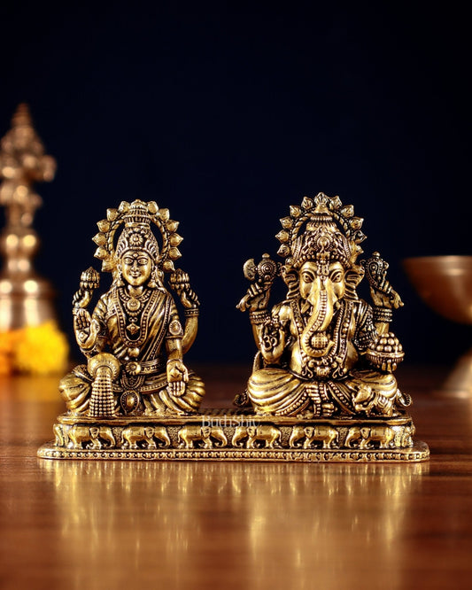Ganesh Lakshmi Brass Idol on Same Base - Intricate Superfine, 3" - Sama Homes Idol - Brass Sculpture