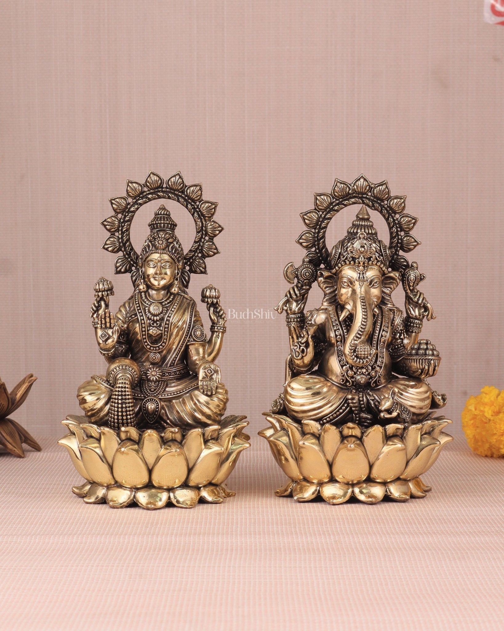 Ganesh Lakshmi Brass Superfine Idols - 8" - Sama Homes Idol - Brass Sculpture - Eco-friendly - Sama Homes