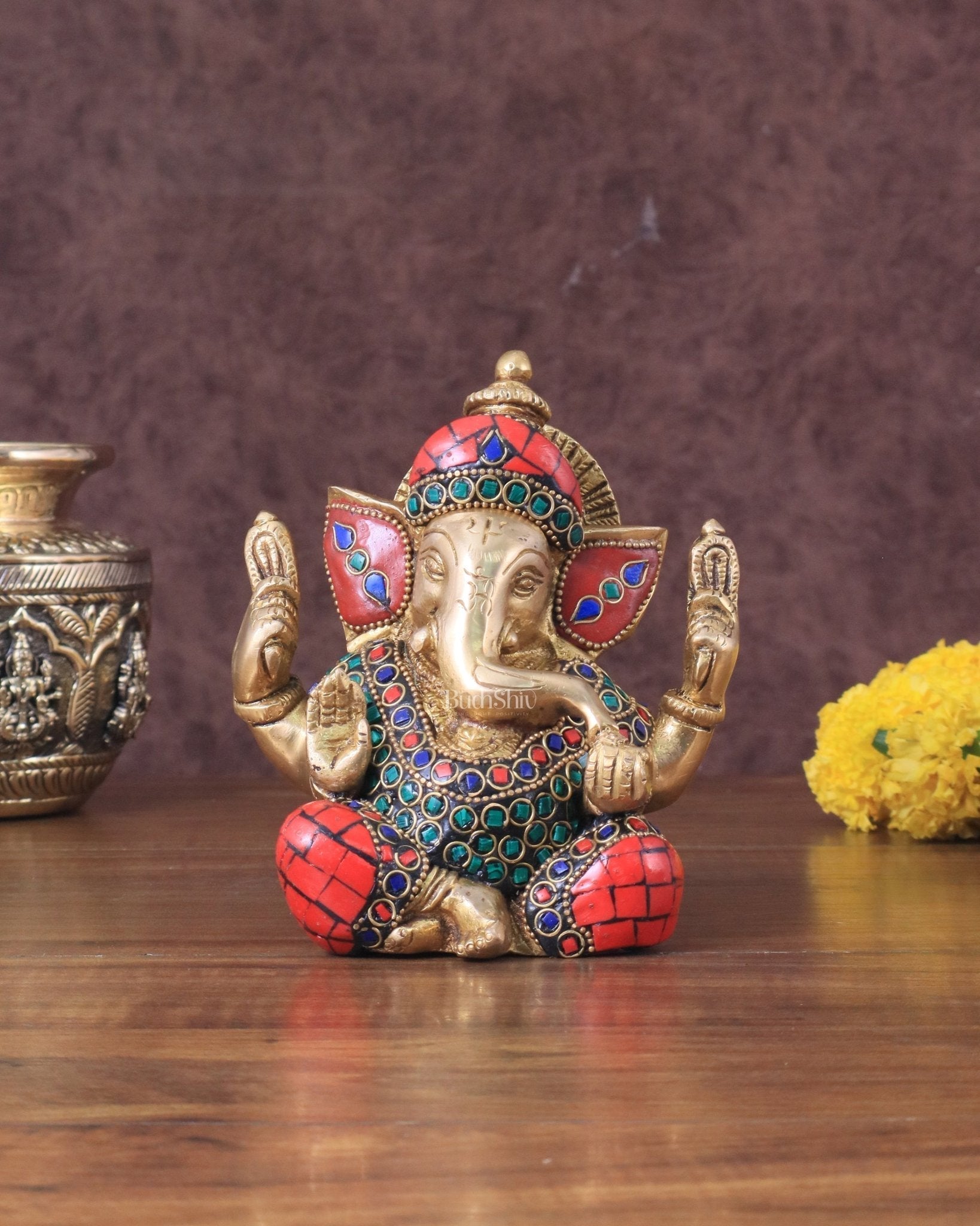 Ganesha brass idol colourful meenakari 6" - Sama Homes Idol - Brass Sculpture - Eco-friendly - Sama Homes