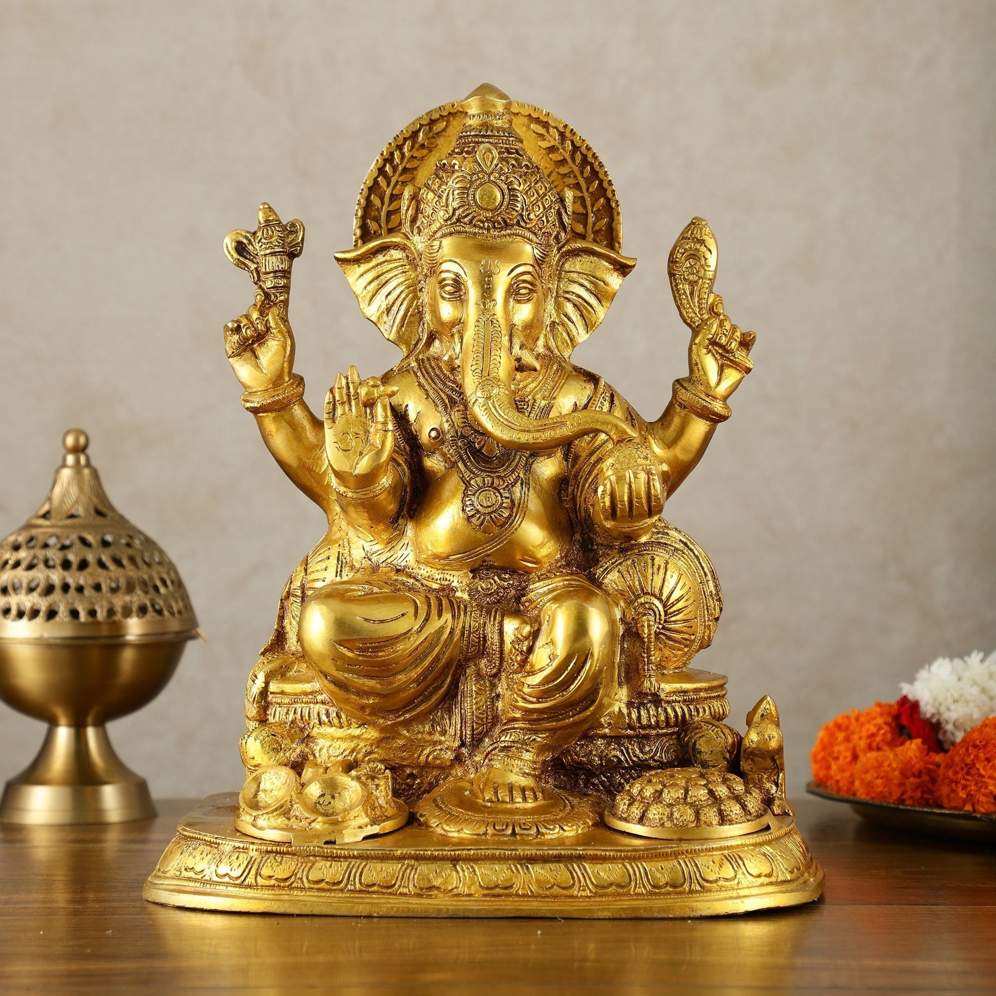 Ganesha Brass statue 13 inch golden tone - Sama Homes Idol - Brass Sculpture - Eco-friendly - Sama Homes