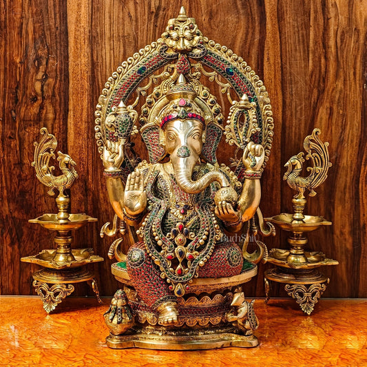Divine Brass Ganesha Seated on Round Throne with Prabhavali 26" - Sama Homes Idol - Brass Sculpture