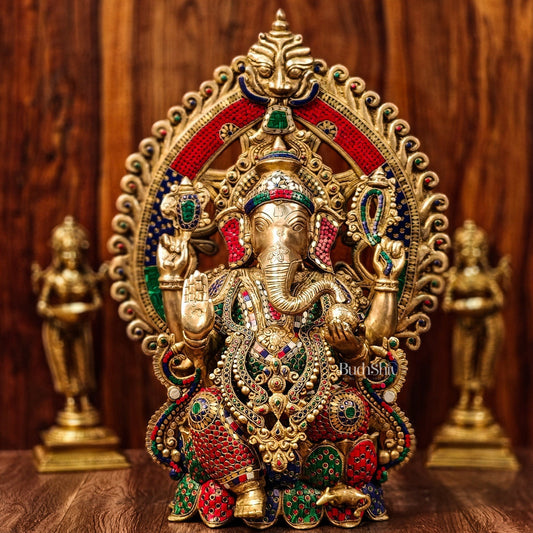 Brass Ganesha Seated on Lotus Throne with Prabhavali 26" | 100% Certified Copper & Brass - Sama Homes Idol - Brass Sculpture