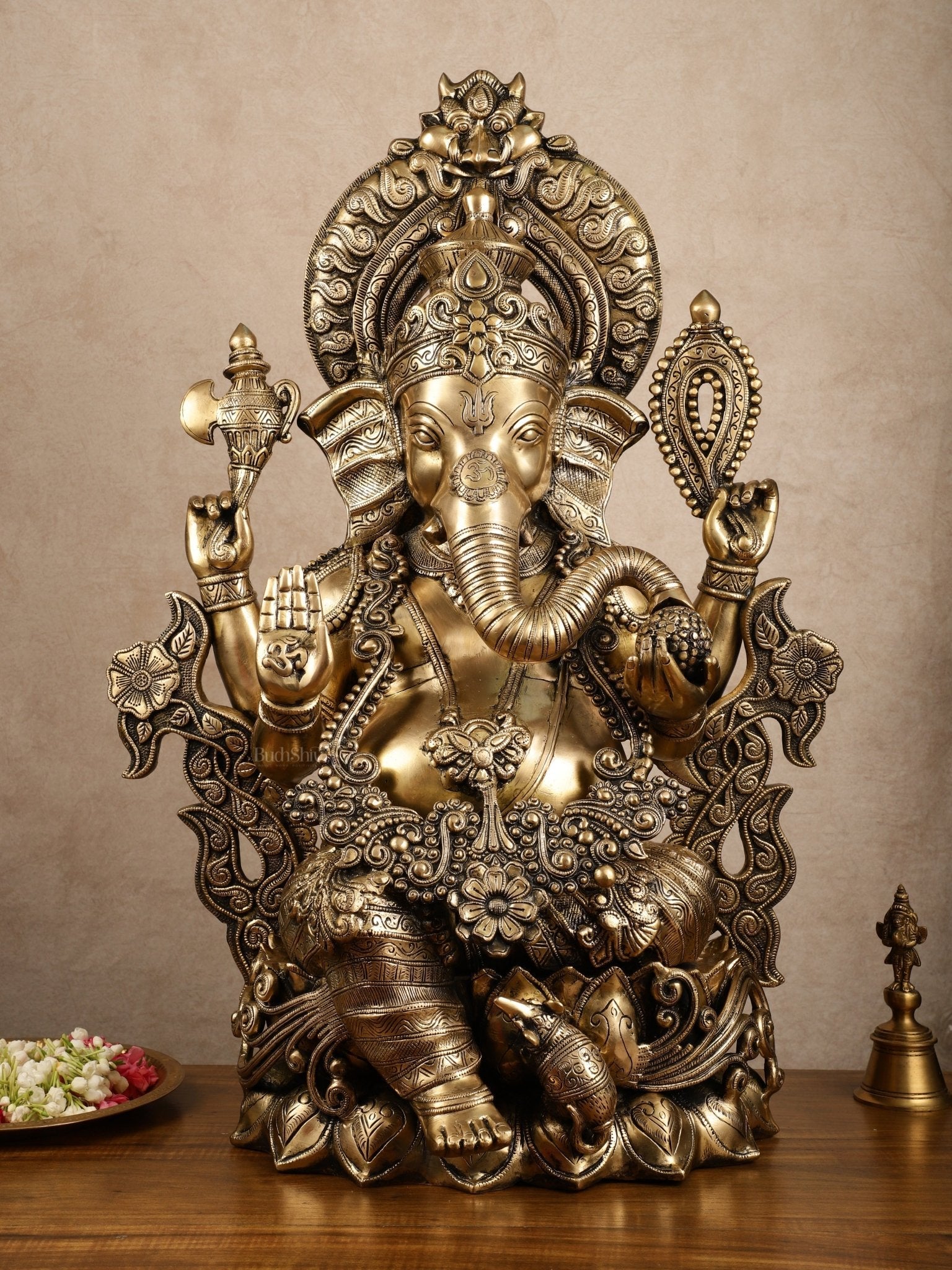 Ganesha Handcrafted Superfine Brass Large Sized Statue | 30" Tall - Sama Homes Idol - Brass Sculpture - Eco-friendly - Sama Homes