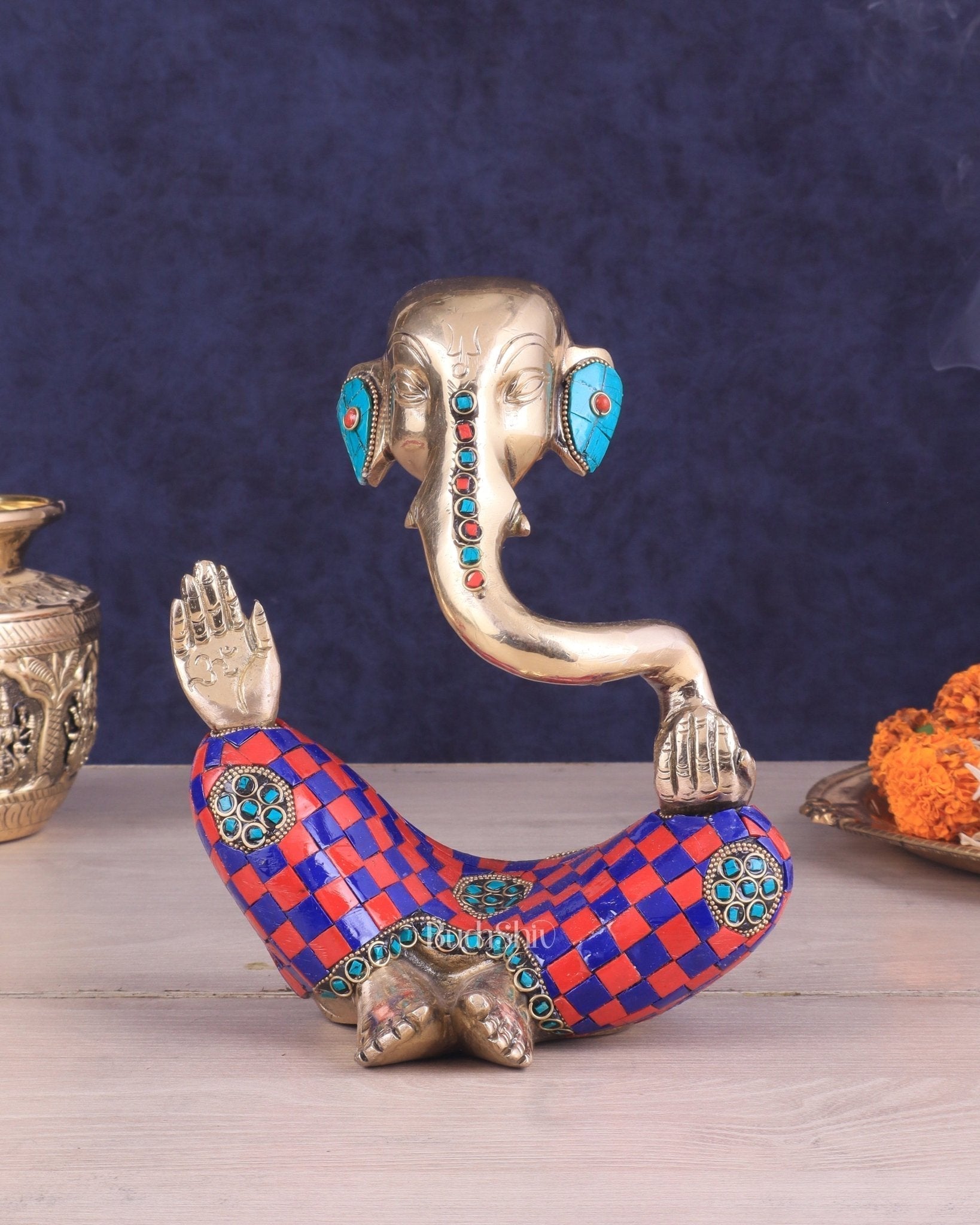Ganesha Idol Abstract Brass with stonework 8.5 inch - Sama Homes Idol - Brass Sculpture - Eco-friendly - Sama Homes