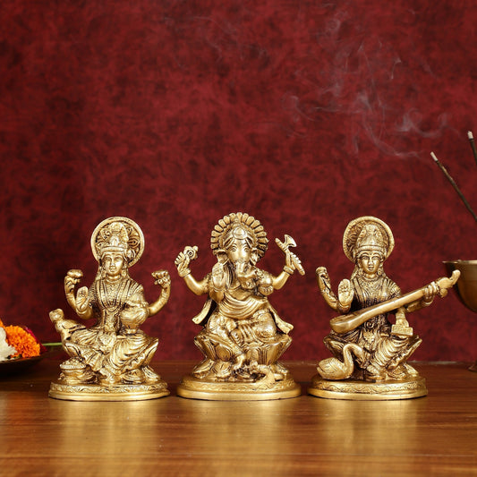 Ganesha Lakshmi Saraswati Brass Idol Set -  5" antique tone - Sama Homes Idol - Brass Sculpture