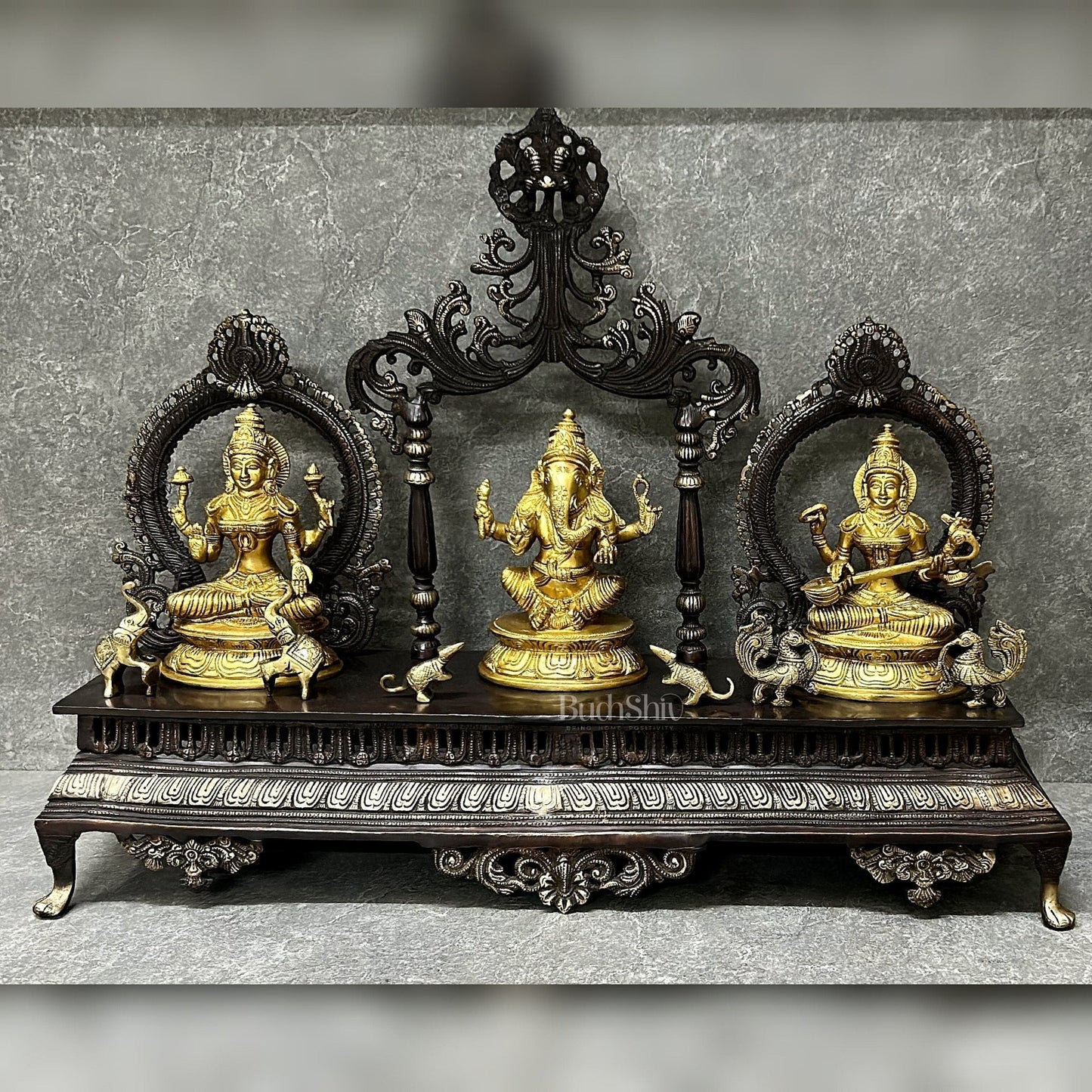 Ganesha Lakshmi Saraswati Idol Set 21" - Sama Homes Idol - Brass Sculpture