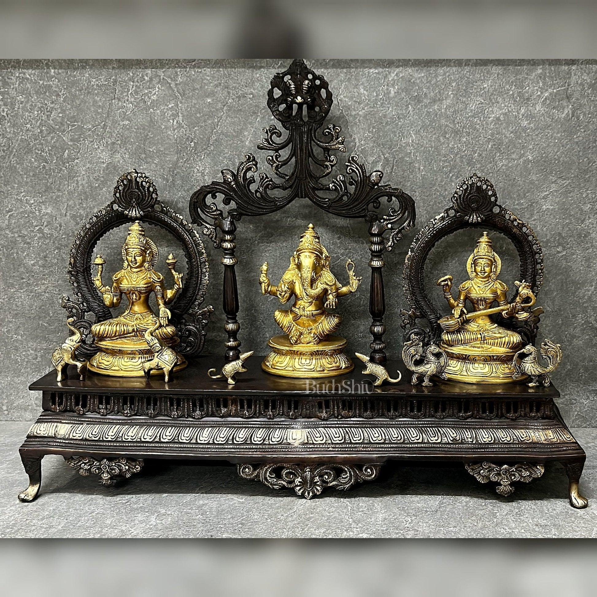 Ganesha Lakshmi Saraswati Idol Set 21" - Sama Homes Idol - Brass Sculpture - Eco-friendly - Sama Homes