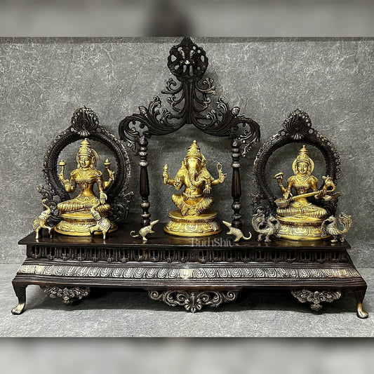 Ganesha Lakshmi Saraswati Idol Set 21" - Sama Homes Idol - Brass Sculpture