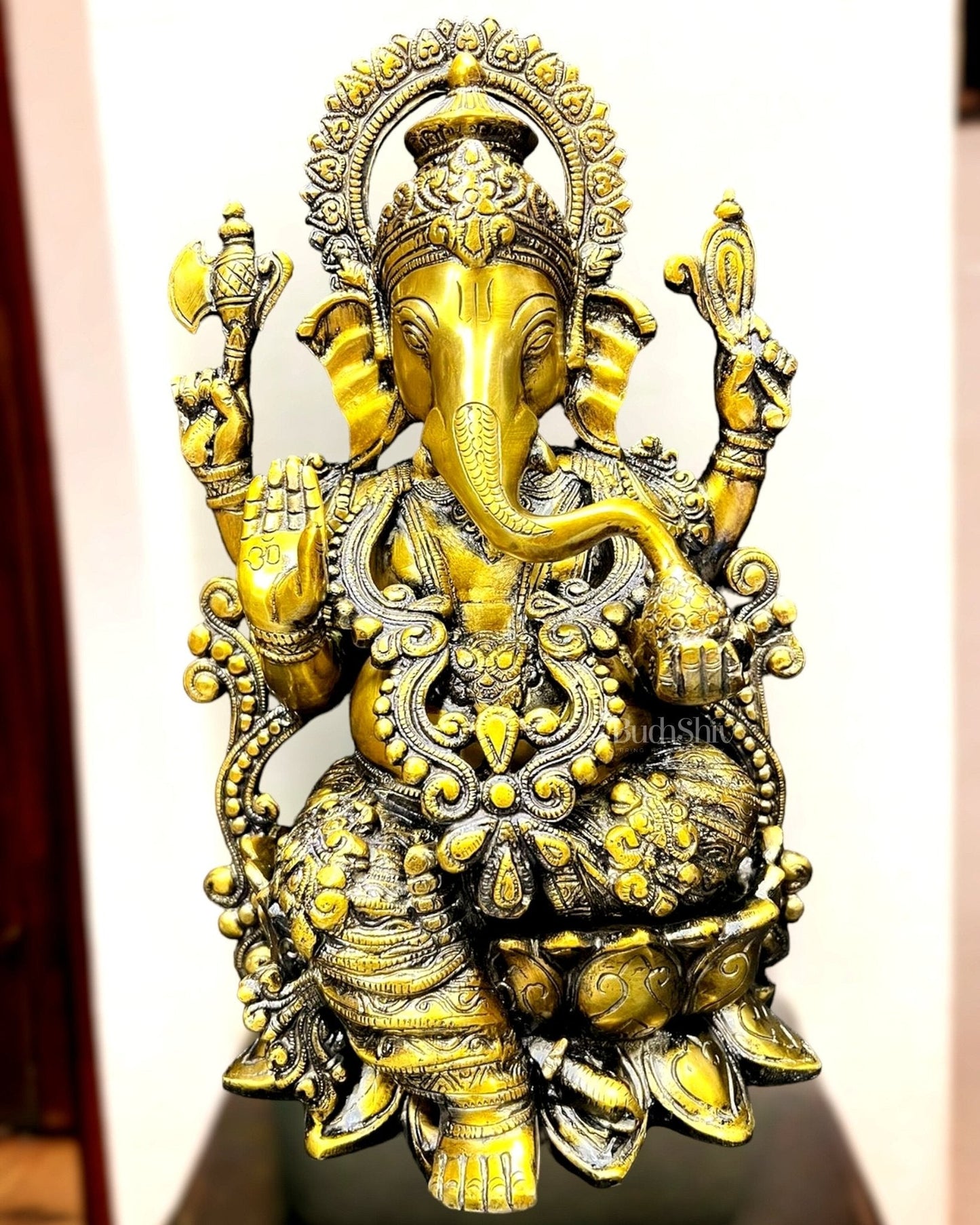 Ganesha on a lotus base brass idol 12 inches - Sama Homes Idol - Brass Sculpture