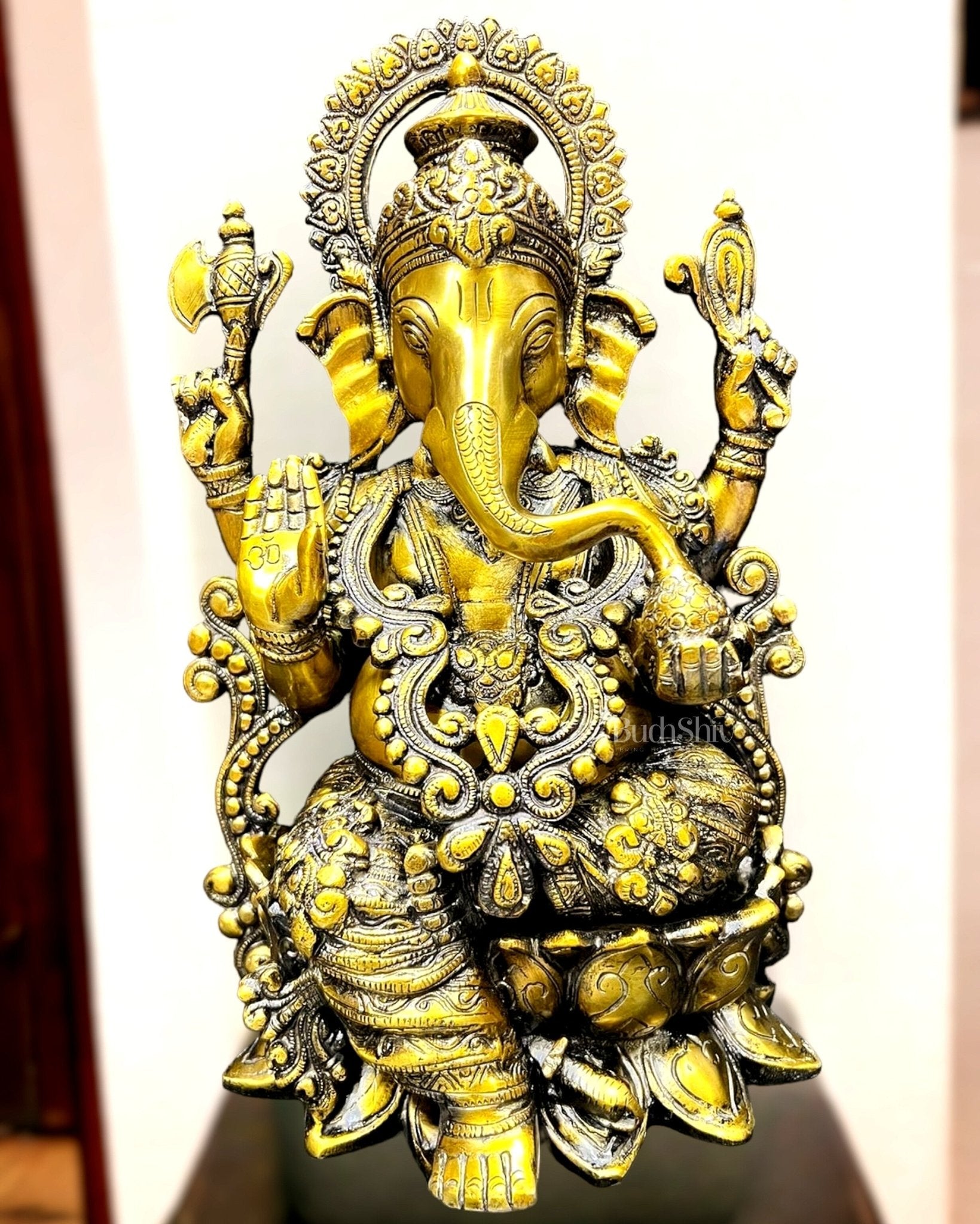 Ganesha on a lotus base brass idol 12 inches - Sama Homes Idol - Brass Sculpture - Eco-friendly - Sama Homes