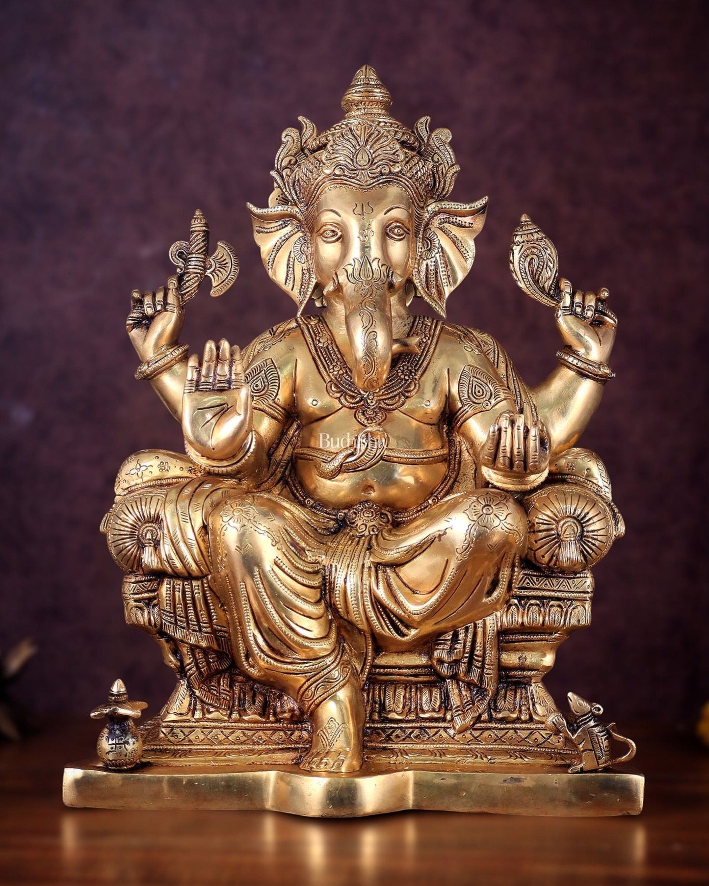 Ganesha Pure Brass Superfine statue with enhanced carvings  - 18" - Sama Homes Idol - Brass Sculpture