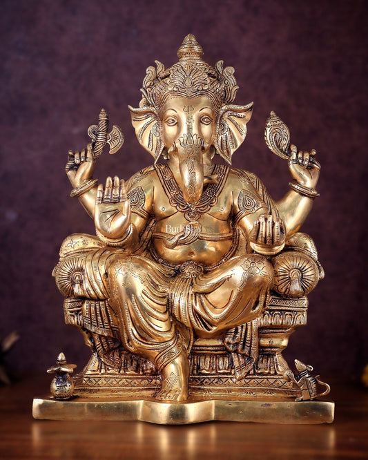 Ganesha Pure Brass Superfine statue with enhanced carvings  - 18" - Sama Homes Idol - Brass Sculpture