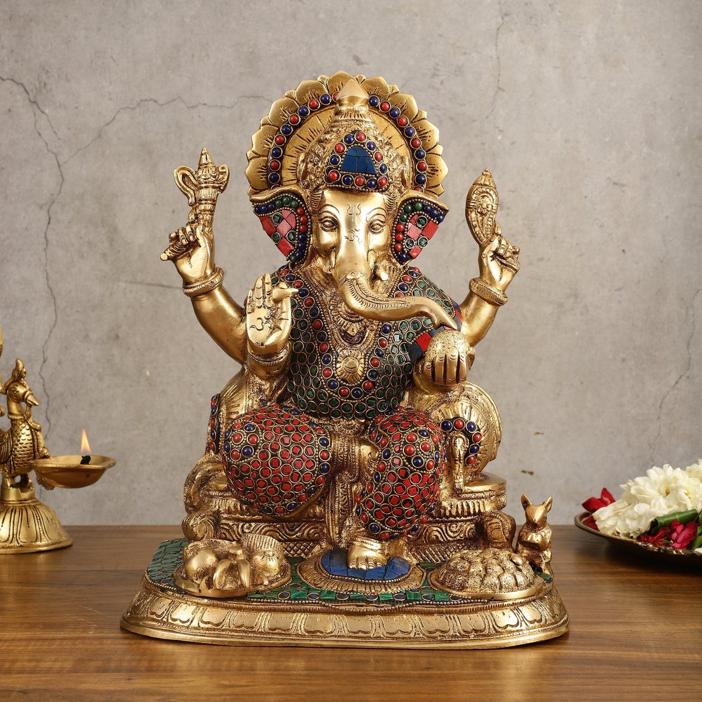 Ganesha Superfine Brass Idol with Spectacular Stonework - 13 Inch - Sama Homes Idol - Brass Sculpture