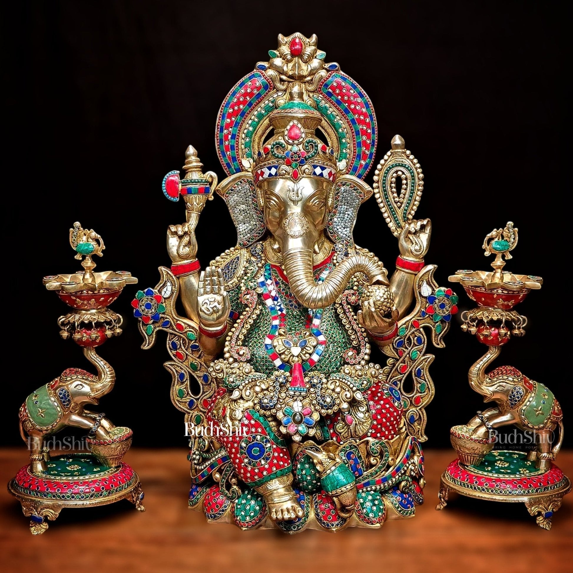 Ganesha Superfine Brass Large Sized Statue | 29" Tall meenakari work - Sama Homes Idol - Brass Sculpture - Image 2