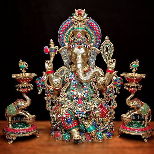 Ganesha Superfine Brass Large Sized Statue | 29" Tall meenakari work - Sama Homes Idol - Brass Sculpture