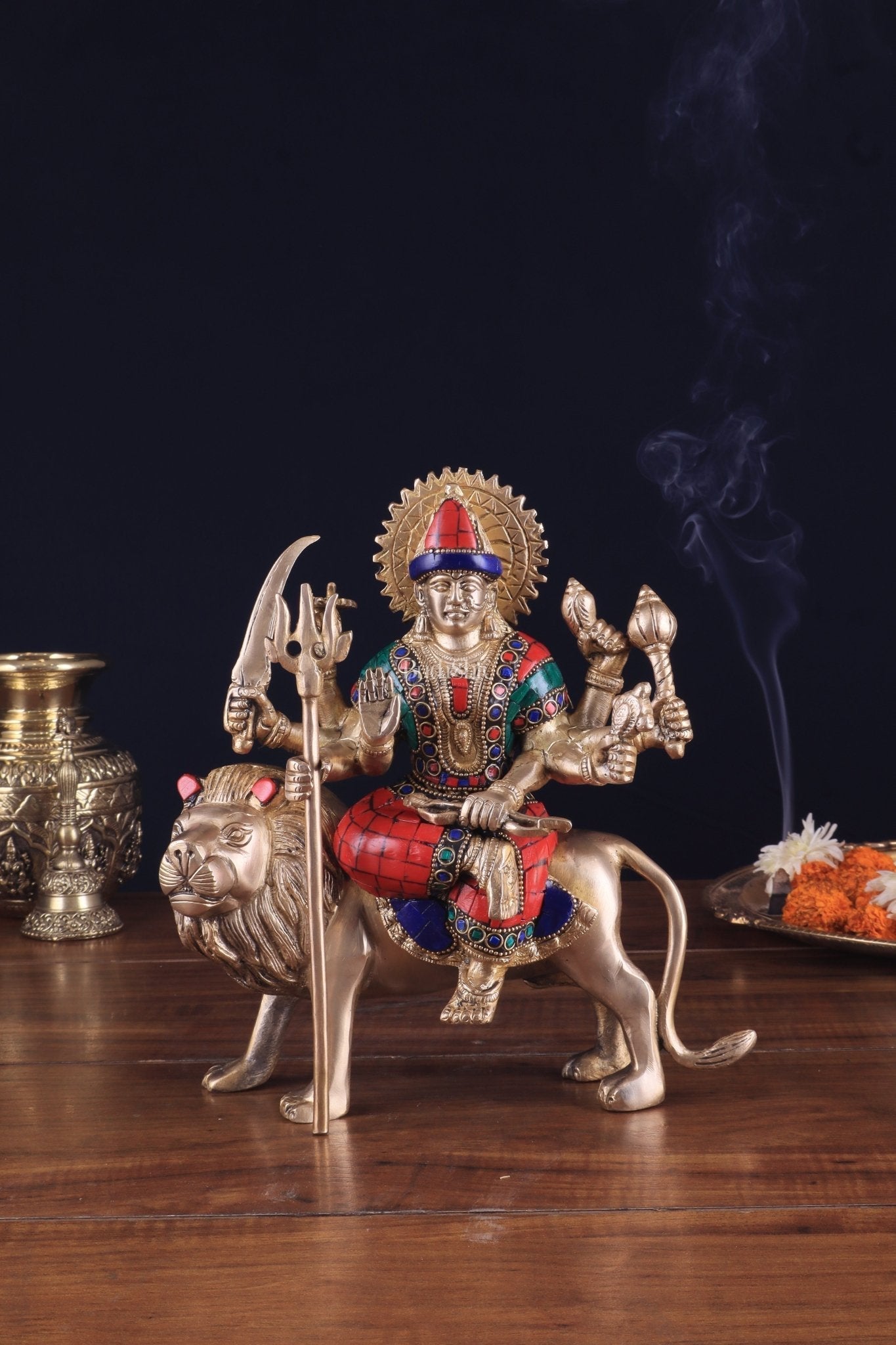 Goddess Durga brass idol 9 inch stonework - Sama Homes Idol - Brass Sculpture - Eco-friendly - Sama Homes