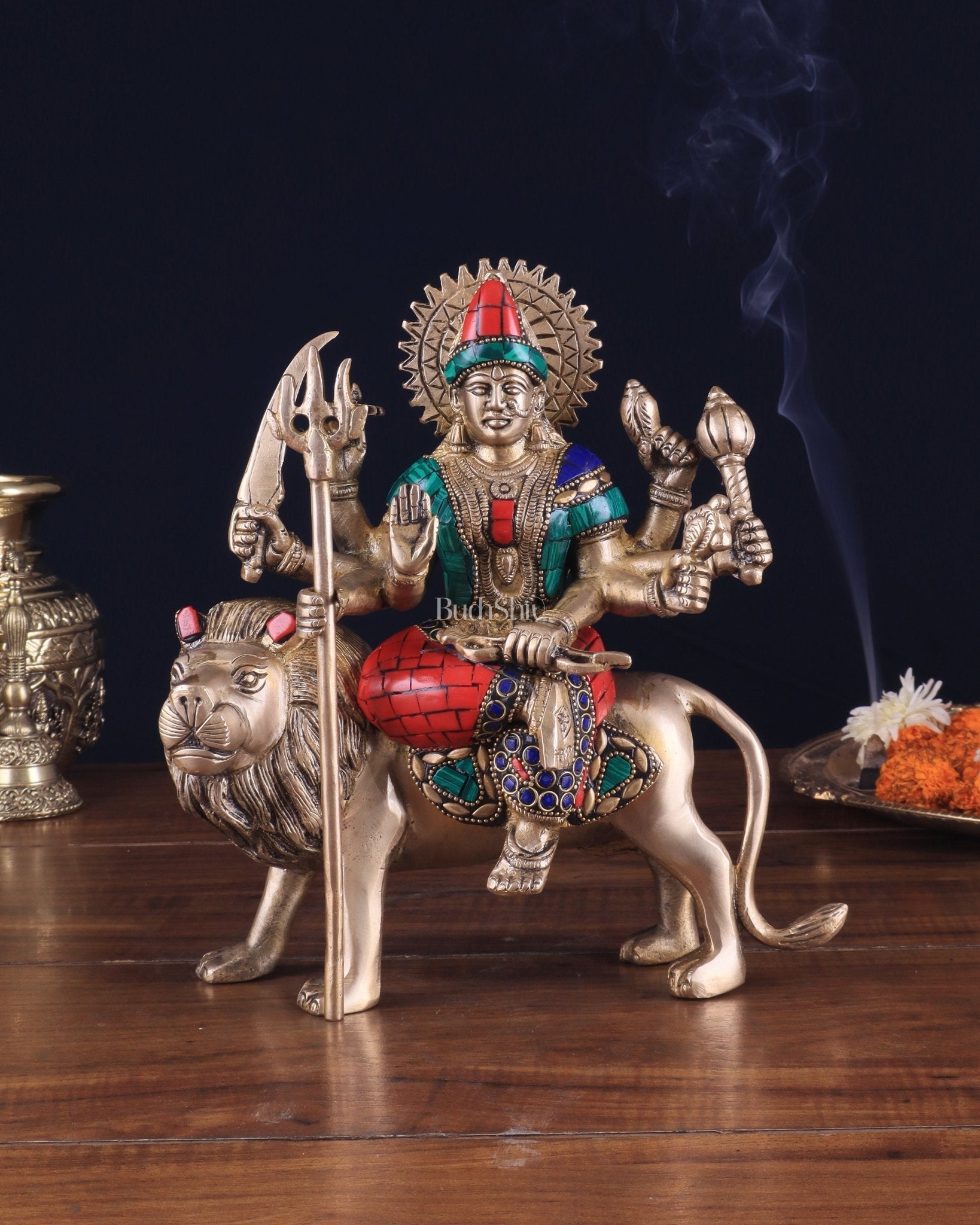 Goddess Durga brass idol 9 inch with stonework - Sama Homes Idol - Brass Sculpture - Eco-friendly - Sama Homes
