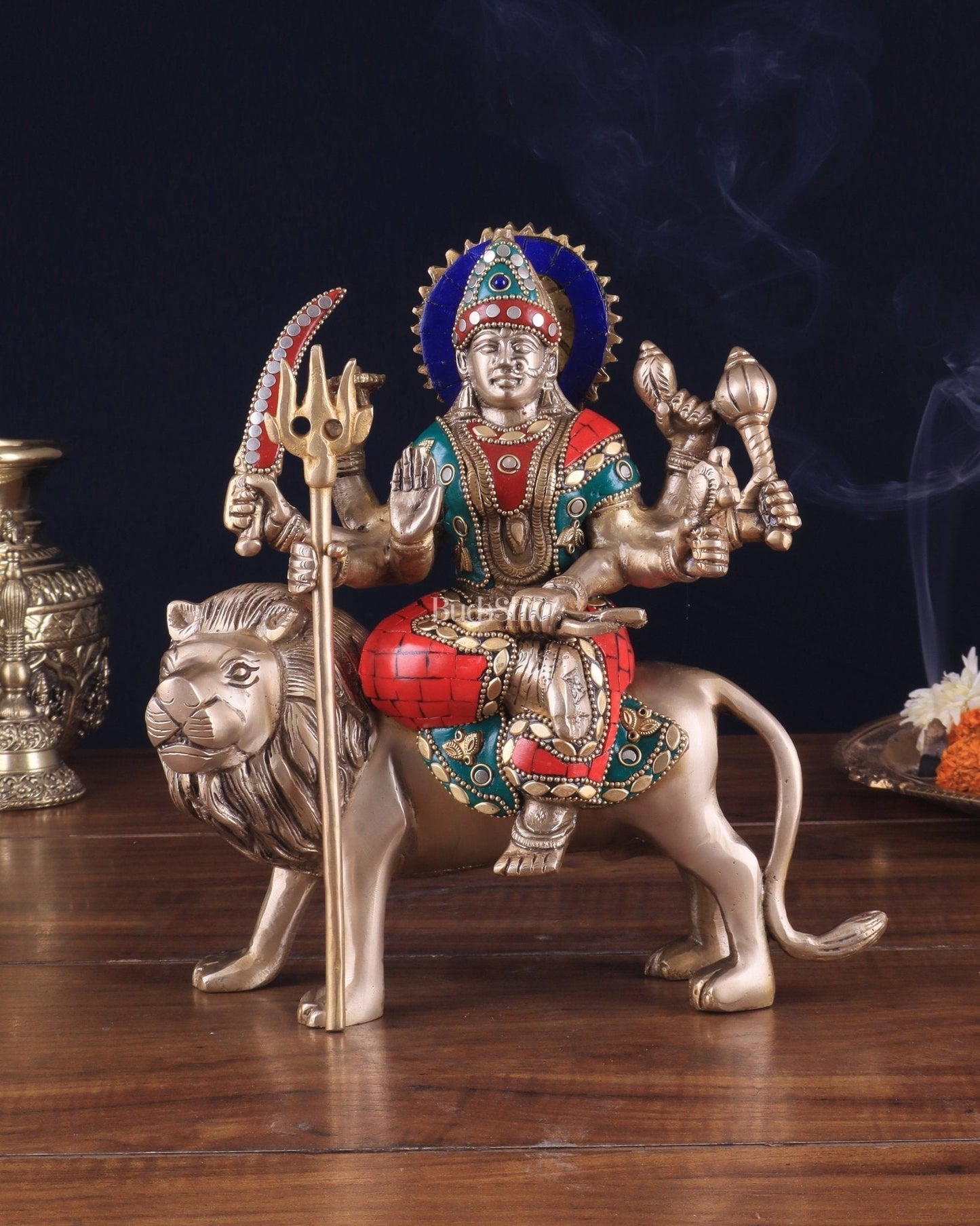 Goddess Durga ma brass idol 9 inch stonework - Sama Homes Idol - Brass Sculpture