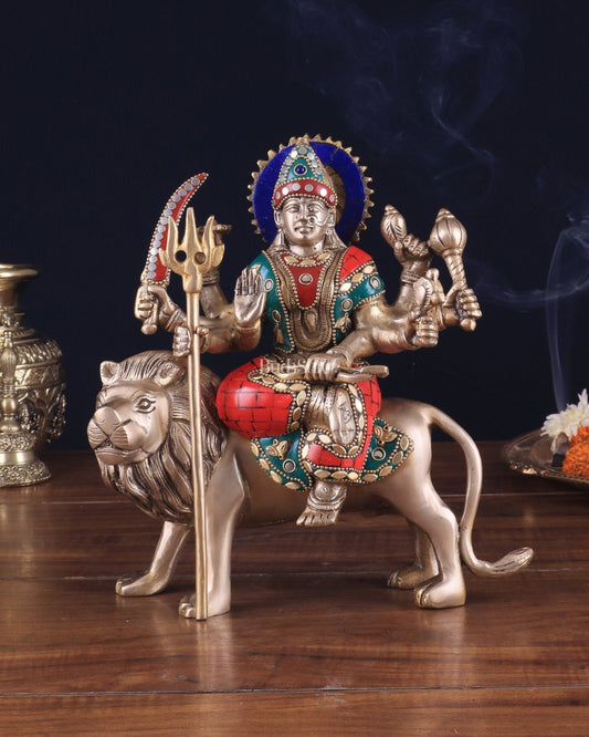Goddess Durga ma brass idol 9 inch stonework - Sama Homes Idol - Brass Sculpture