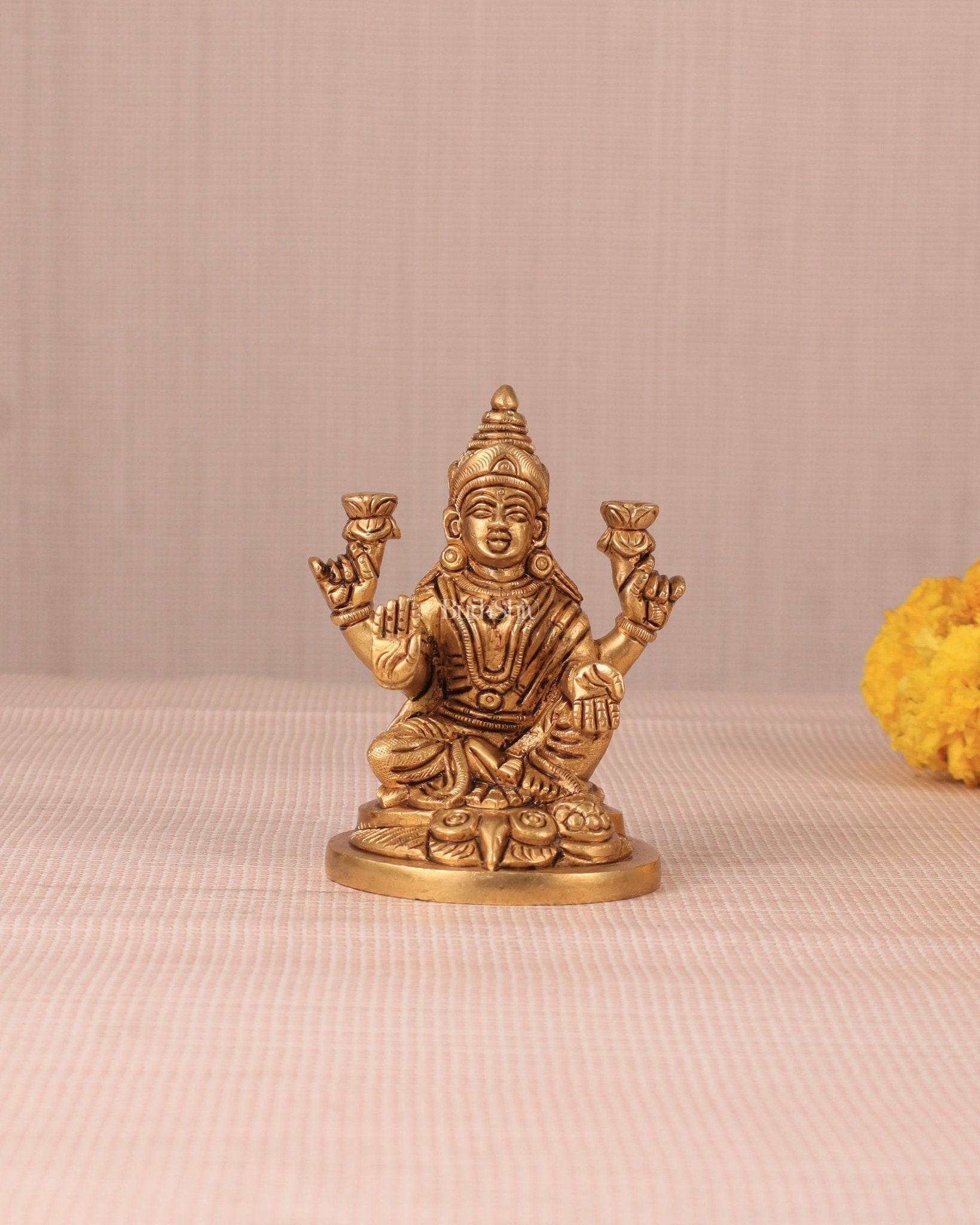 Goddess Lakshmi Seated on Owl - Pure Brass Superfine Idol, 4" - Sama Homes Idol - Brass Sculpture - Eco-friendly - Sama Homes