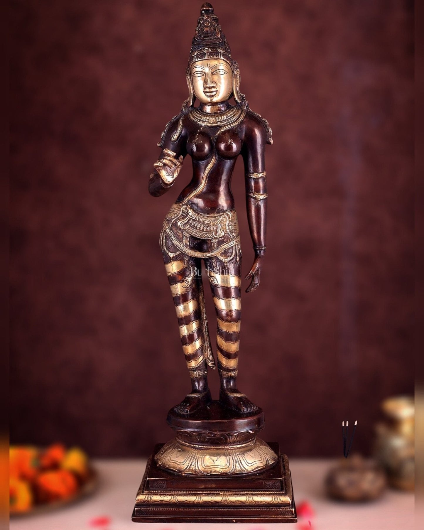 Goddess Parvati Standing Brass Sculpture – 27" Height, Double chola finish - Sama Homes Idol - Brass Sculpture