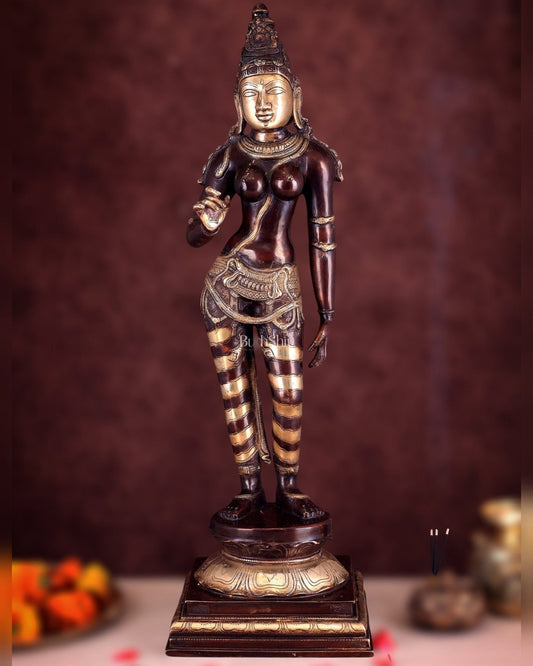 Goddess Parvati Standing Brass Sculpture – 27" Height, Double chola finish - Sama Homes Idol - Brass Sculpture