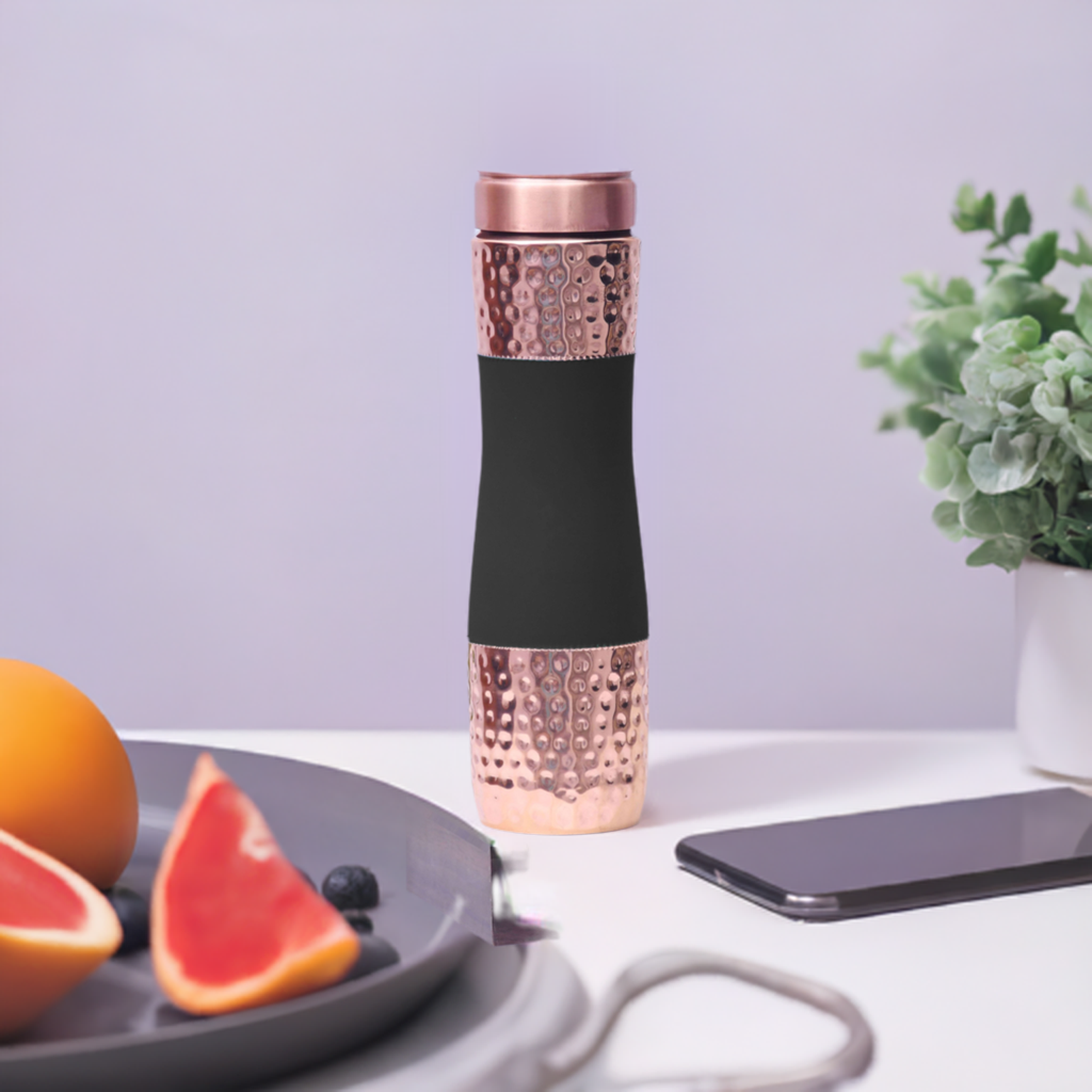 Pure Copper Water bottle Black silk finish with Half hammered design