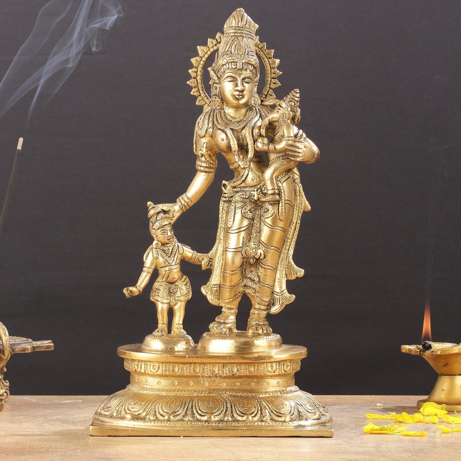 Graceful 11-Inch Brass Goddess Parvati with Ganesha and Kartikeya Statue - Sama Homes Idol - Brass Sculpture - Eco-friendly - Sama Homes