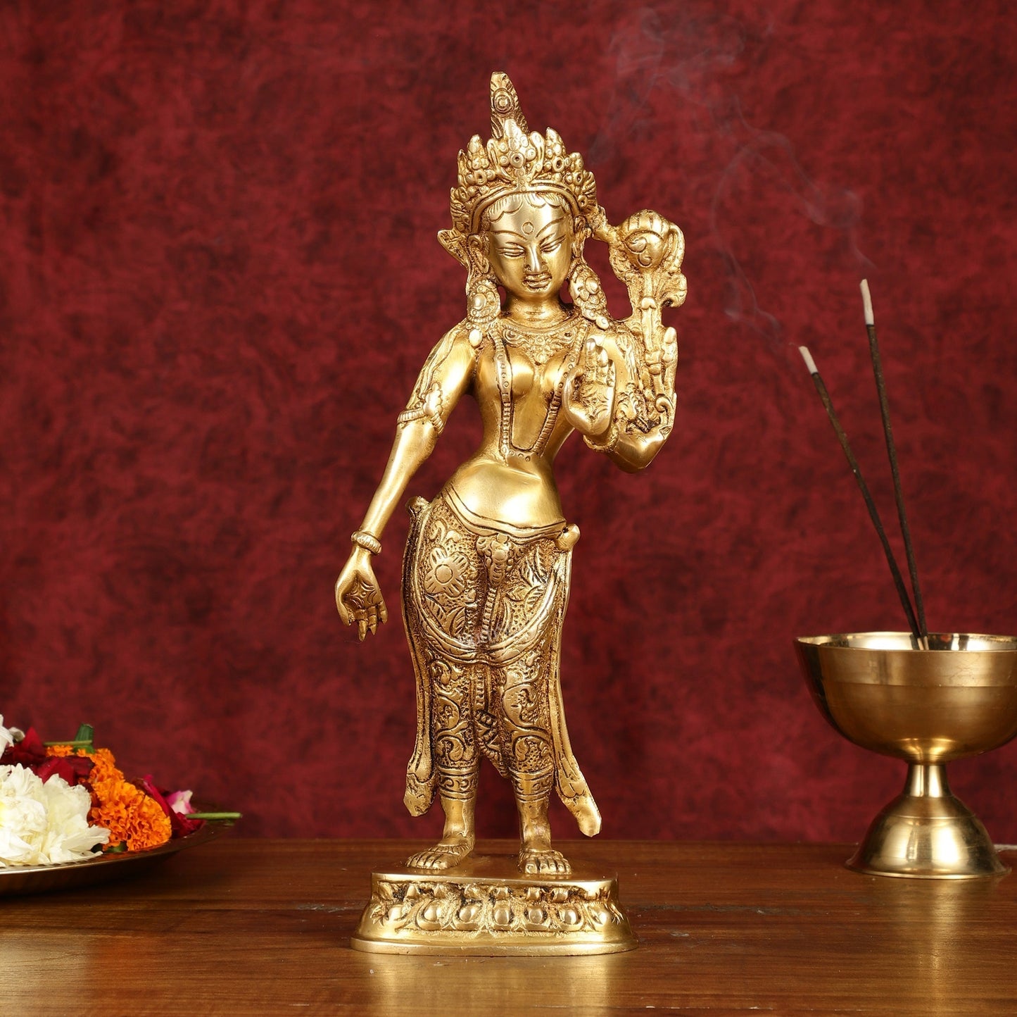 Graceful Brass Standing Tara Devi Idol 12 inch - Sama Homes Idol - Brass Sculpture