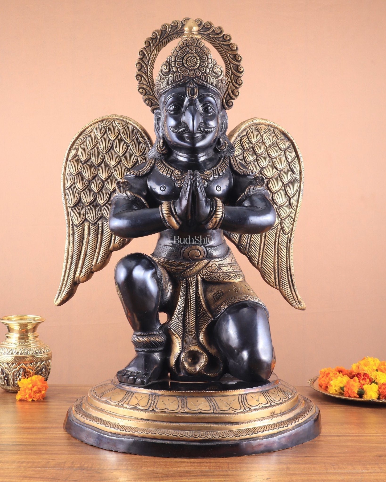 Grand Pure Brass Garuda Sculpture with Heat-Treated Vintage Black and Gold Finish - 28" - Sama Homes Idol - Brass Sculpture - Eco-friendly - Sama Homes