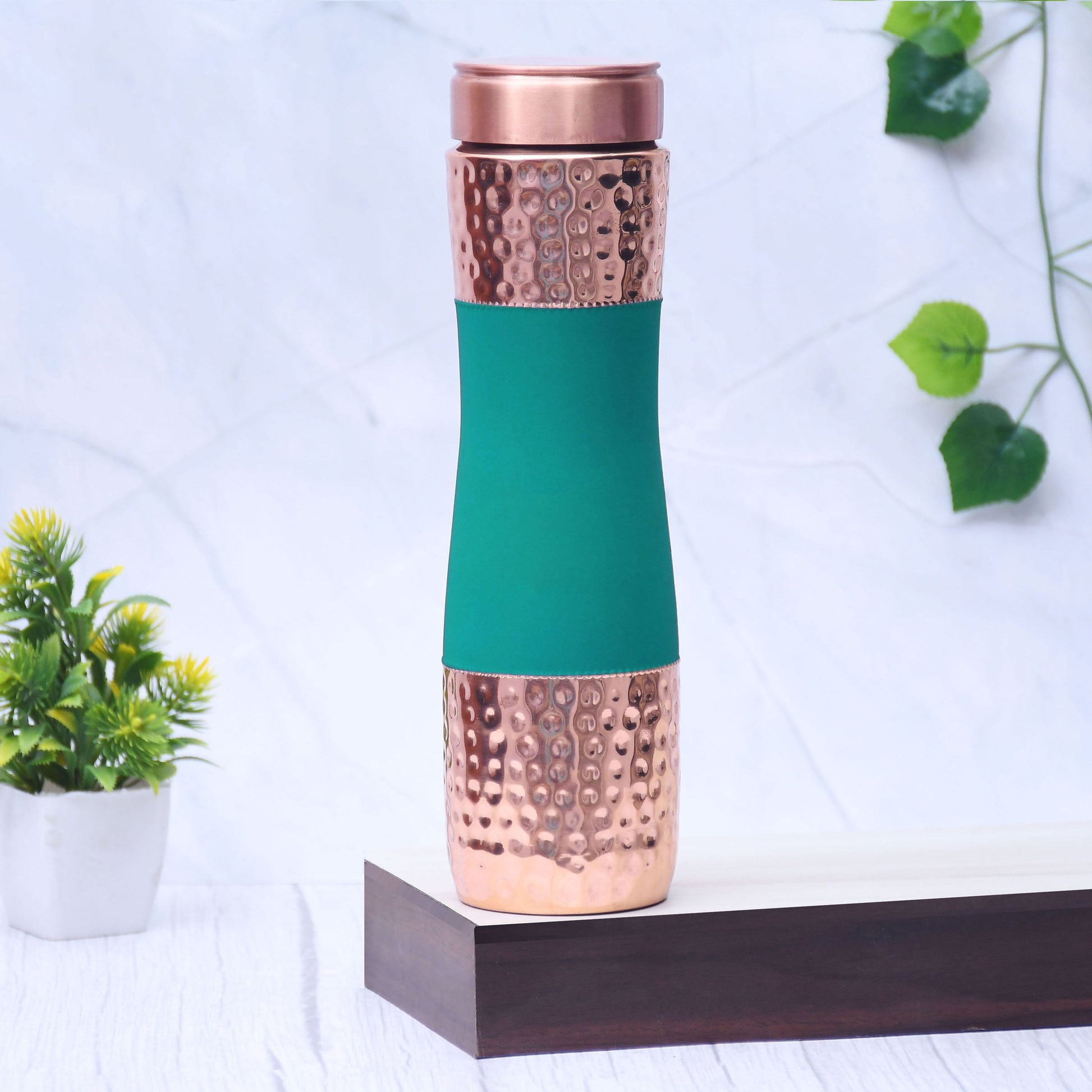 Pure Copper Water bottle Green silk finish with Half hammered design